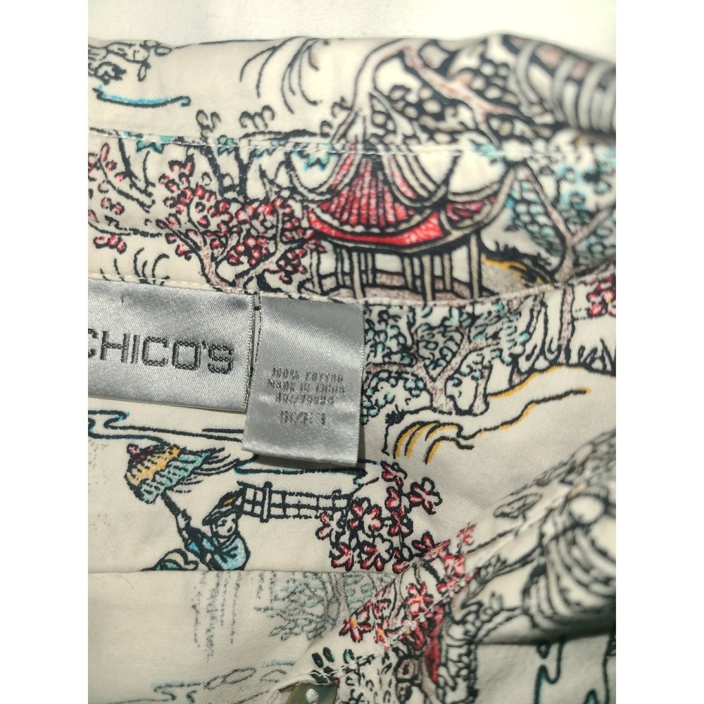 Chico's Asian Landscape Print Button Up Shirt Women Size M Long Sleeve Collared - Picture 4 of 13